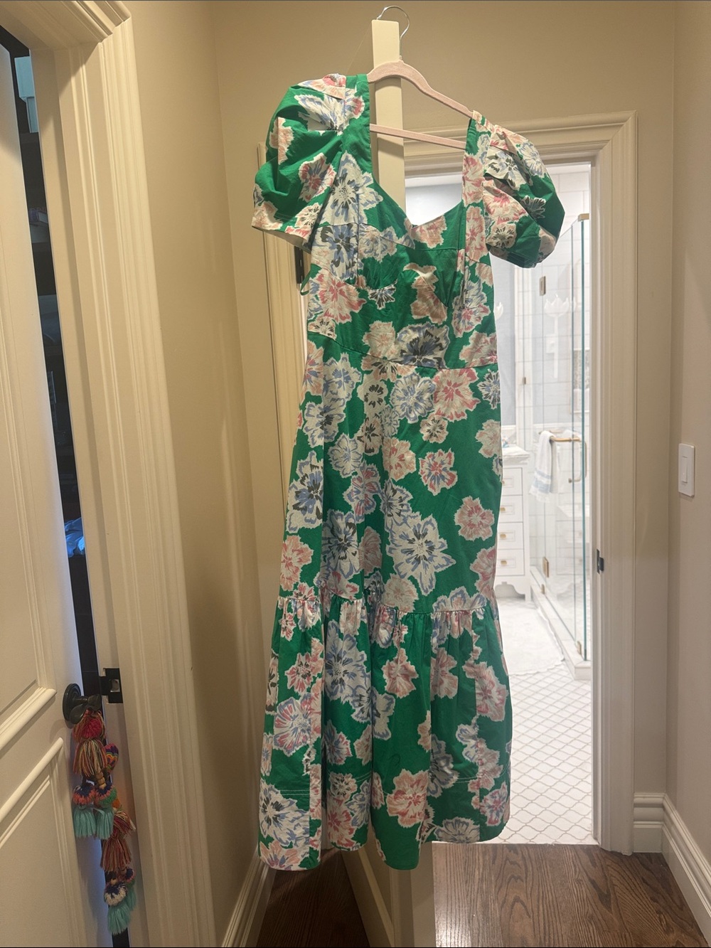 Tanya Taylor Green Floral Maxi Dress with Puff Sleeves